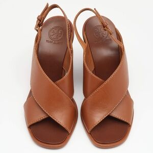Tory Burch Brown Leather Gabriel Slingback Wedge Sandals